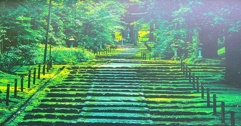 Mossy stone steps leading to the main hall of Heisenji Hakusan Shrine